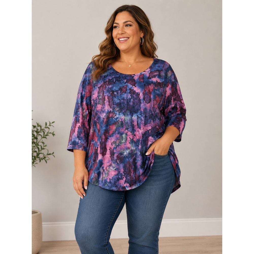 Karen Kane Womens Multicolor Dye Burnout 3/4 Sleeve Top Scoop Neck Sz 2X Dark